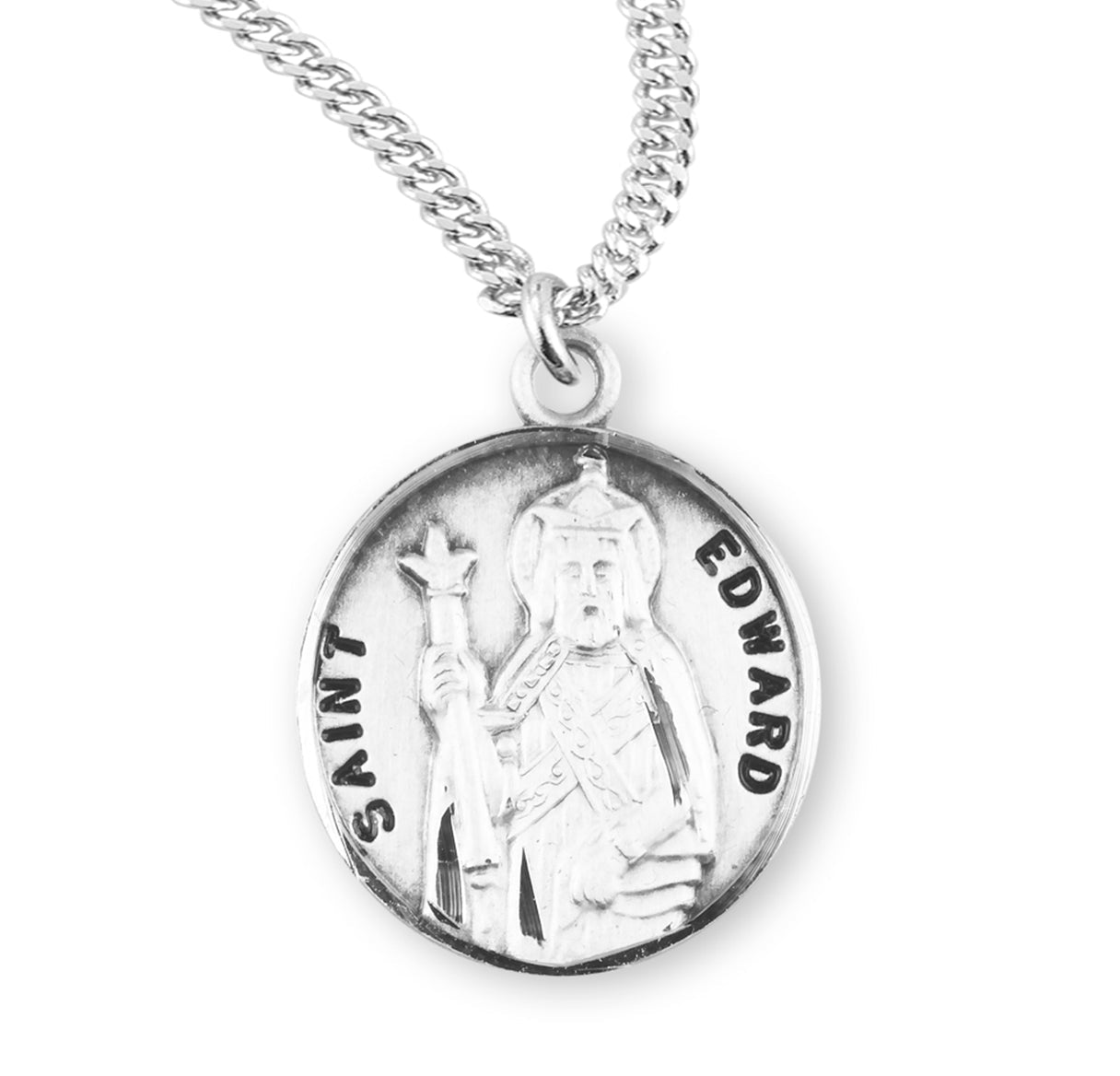 Patron Saint Edward Round Sterling Silver Medal Pendant with Chain | .925 Silver