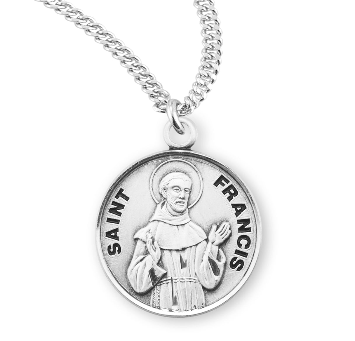 Patron Saint Francis Round Sterling Silver Medal Pendant with Chain | .925 Silver