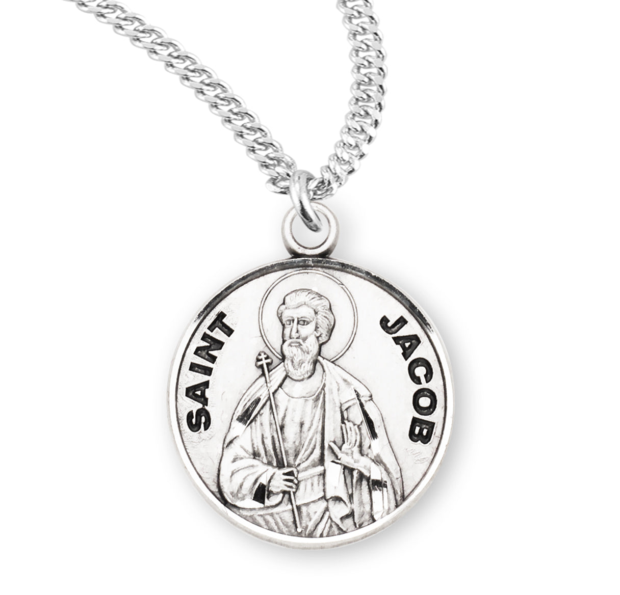Patron Saint Jacob Round Sterling Silver Medal Pendant with Chain | .925 Silver