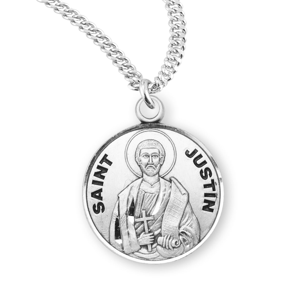 Patron Saint Justin Round Sterling Silver Medal Pendant with Chain | .925 Silver