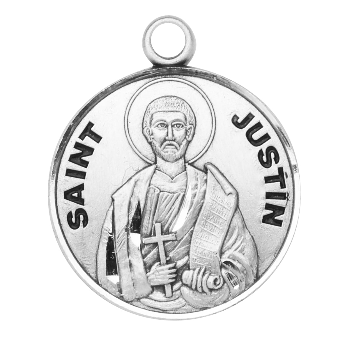Patron Saint Justin Round Sterling Silver Medal Pendant with Chain | .925 Silver