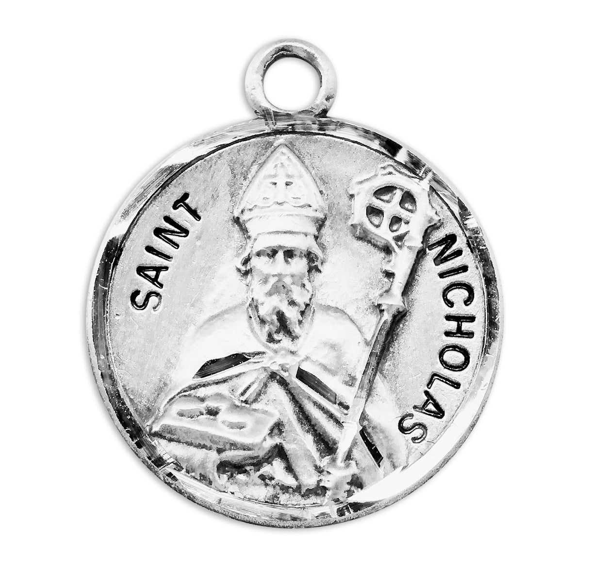 Patron Saint Nicholas Round Sterling Silver Medal Pendant with Chain | .925 Silver