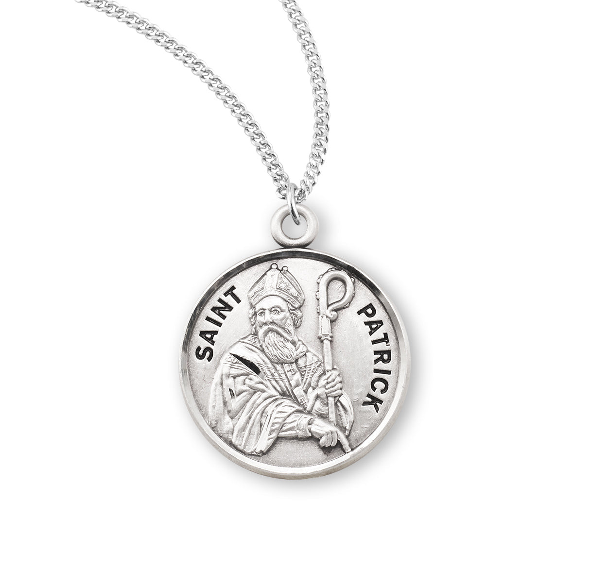 Patron Saint Patrick Round Sterling Silver Medal Pendant with Chain | .925 Silver