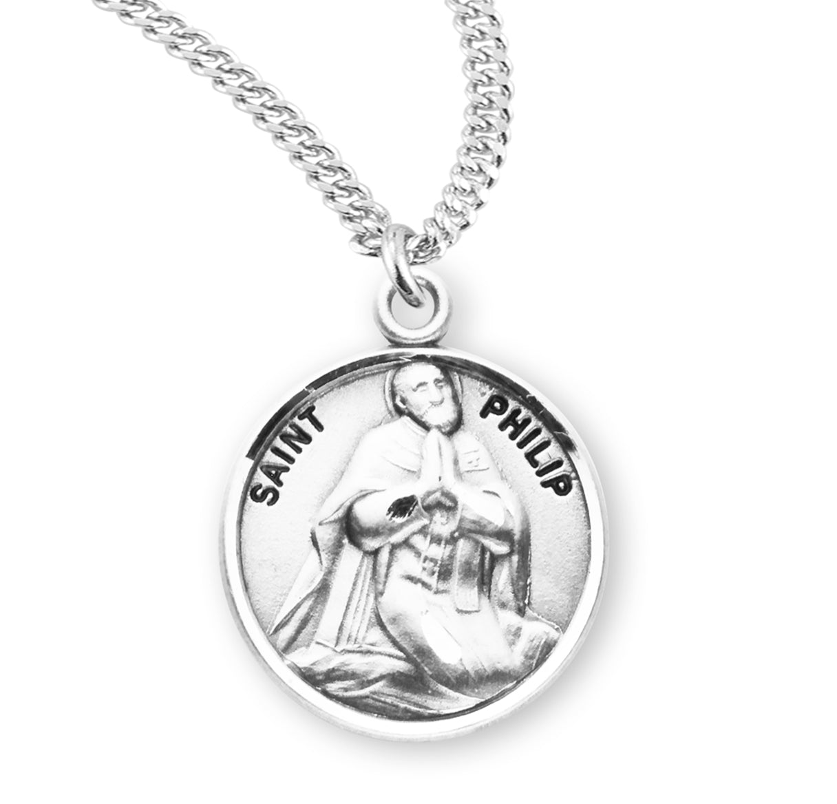 Patron Saint Philip Round Sterling Silver Medal Pendant with Chain | .925 Silver