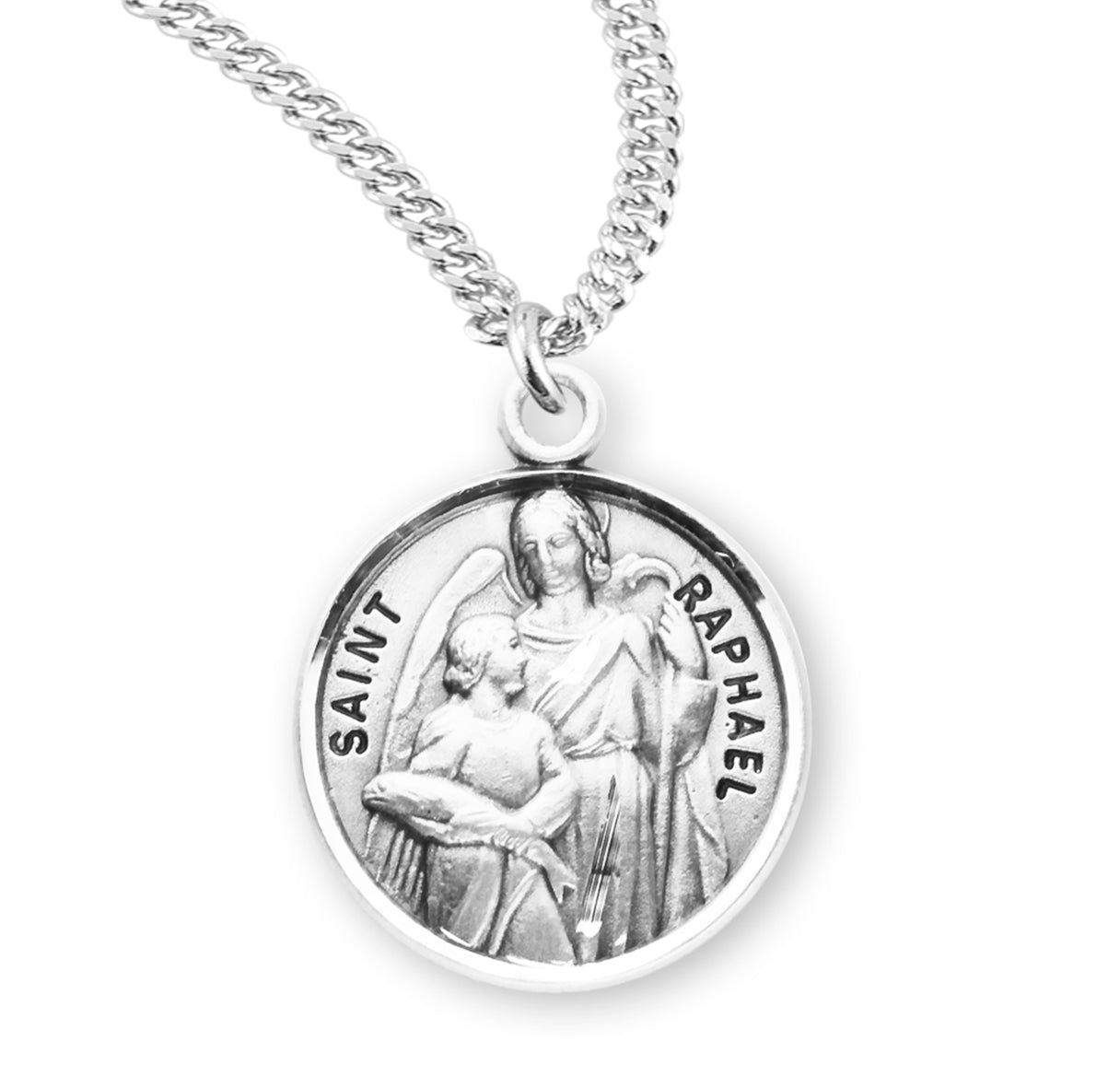 Patron Saint Raphael Round Sterling Silver Medal Pendant with Chain | .925 Silver