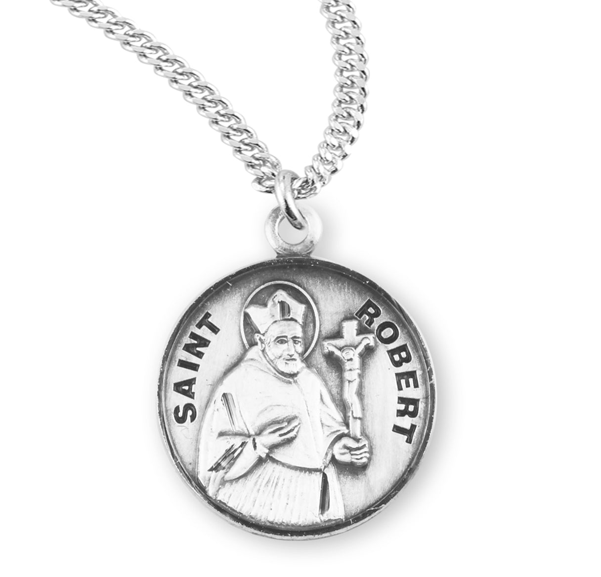 Patron Saint Robert Round Sterling Silver Medal Pendant with Chain | .925 Silver