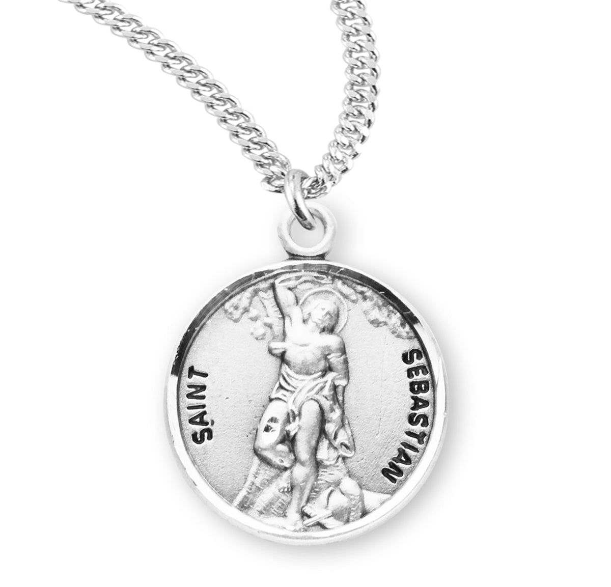 Patron Saint Sebastian Round Sterling Silver Medal Pendant with Chain