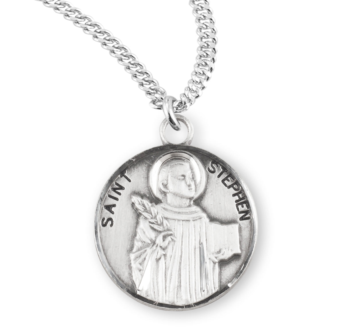 Patron Saint Stephen Round Sterling Silver Medal Pendant with Chain | .925 Silver