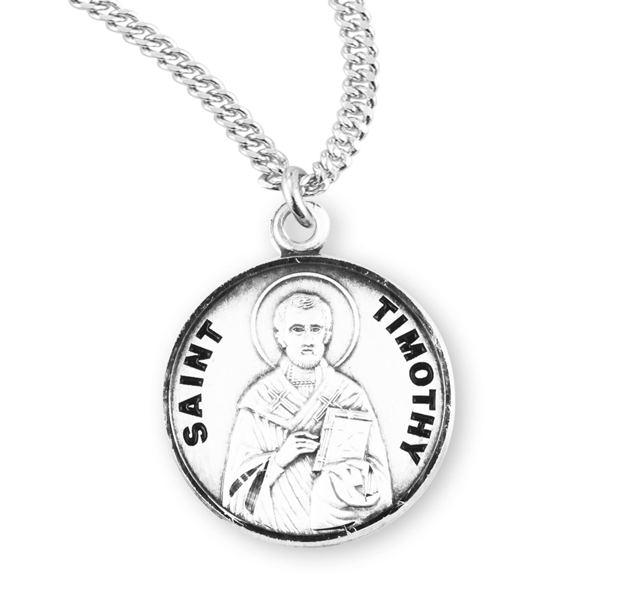 Patron Saint Timothy Round Sterling Silver Medal Pendant with Chain | .925 Silver
