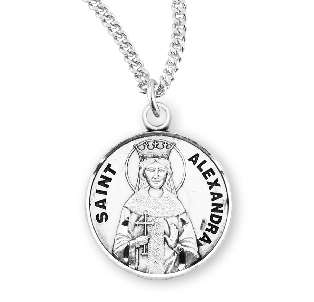 Patron Saint Alexandra Round Sterling Silver Medal Pendant with Chain | .925 Silver