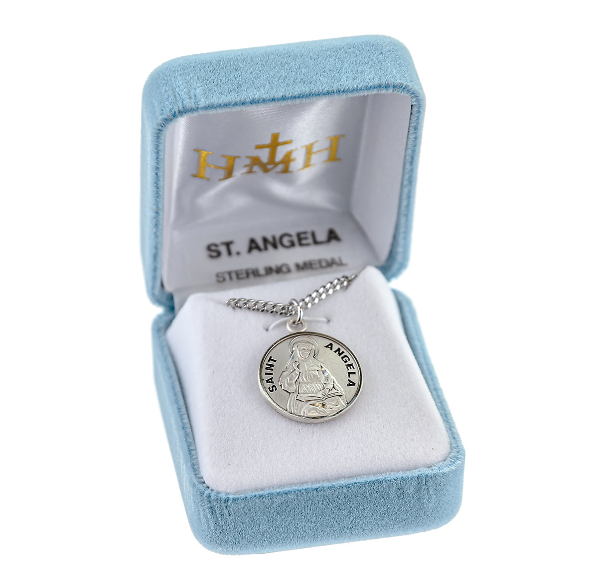 Patron Saint Angela Round Sterling Silver Medal Pendant with Chain | .925 Silver