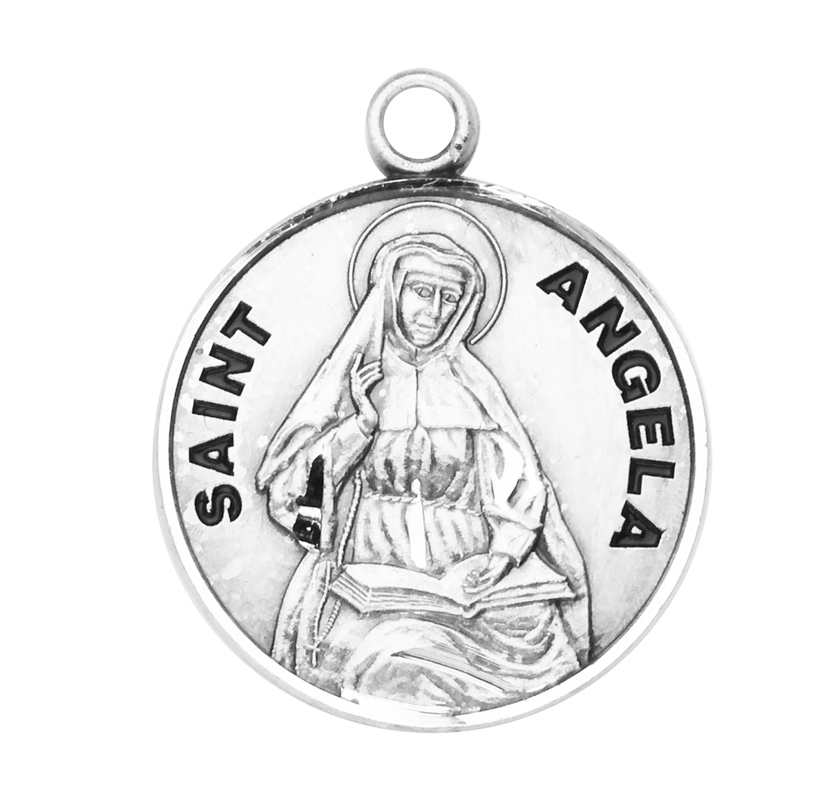 Patron Saint Angela Round Sterling Silver Medal Pendant with Chain | .925 Silver