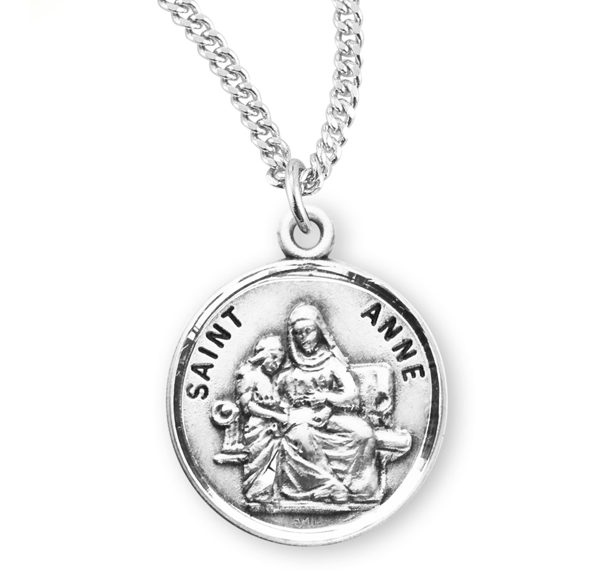 Patron Saint Anne Round Sterling Silver Medal Pendant with Chain | .925 Silver