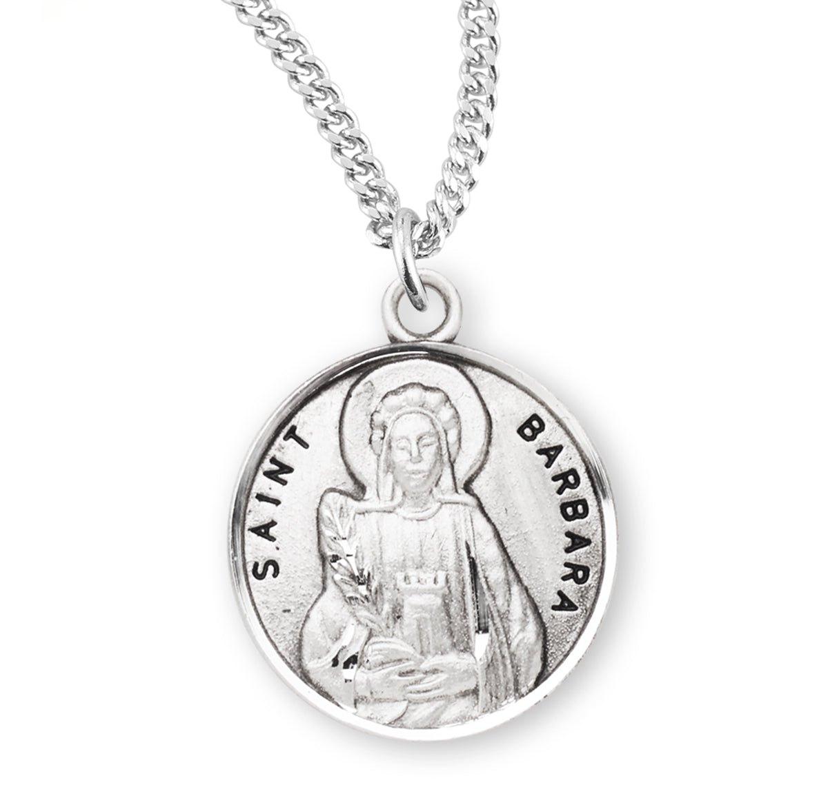 Patron Saint Barbara Round Sterling Silver Medal Pendant with Chain | .925 Silver