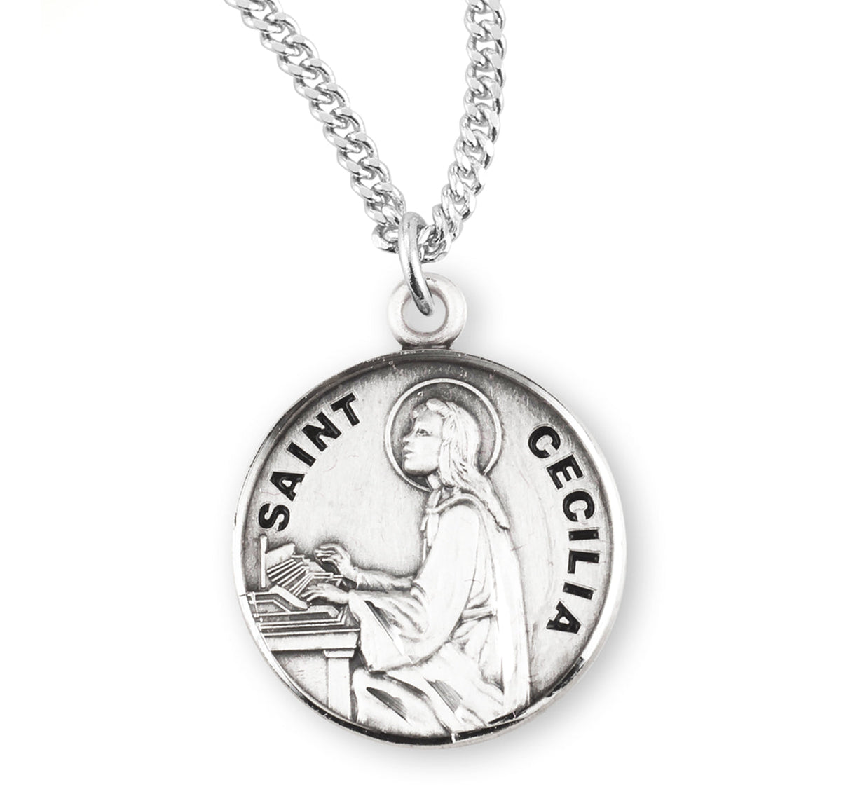 Patron Saint Cecilia Round Sterling Silver Medal Pendant with Chain