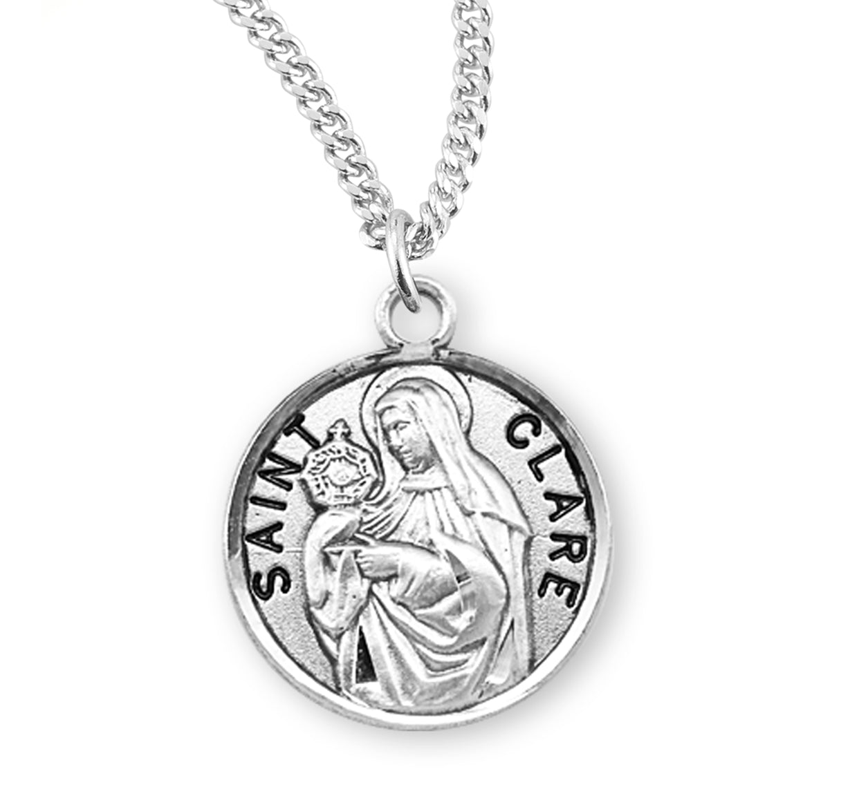 Patron Saint Clare Round Sterling Silver Medal Pendant with Chain | .925 Silver
