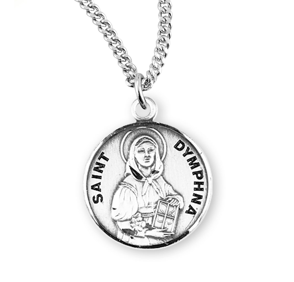 Patron Saint Dymphna Round Sterling Silver Medal Pendant with Chain | .925 Silver