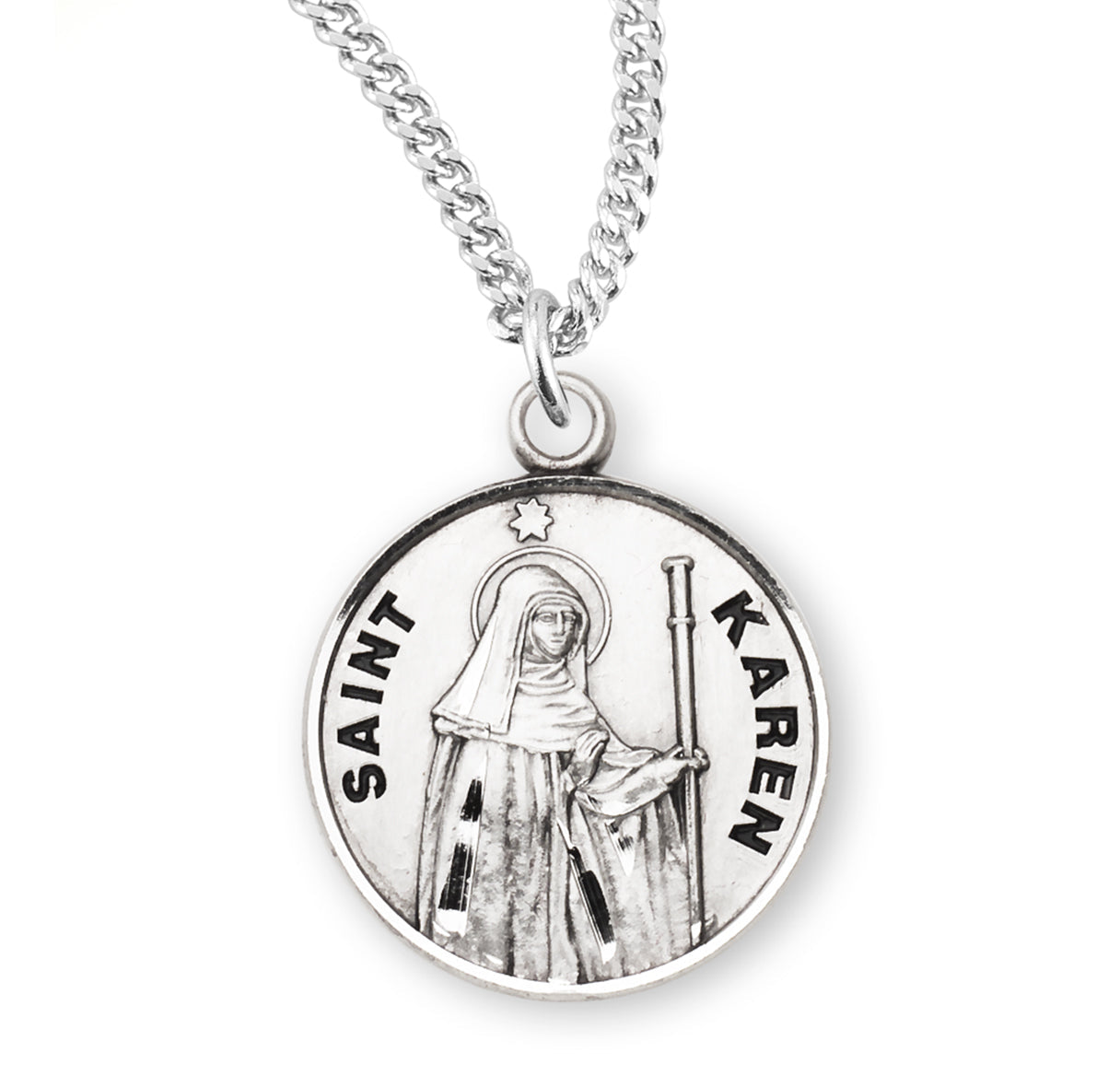 Patron Saint Karen Round Sterling Silver Medal Pendant with Chain | .925 Silver
