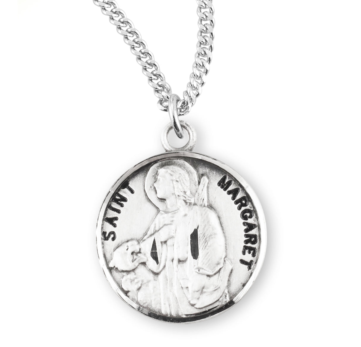 Patron Saint Margaret Round Sterling Silver Medal Pendant with Chain | .925 Silver