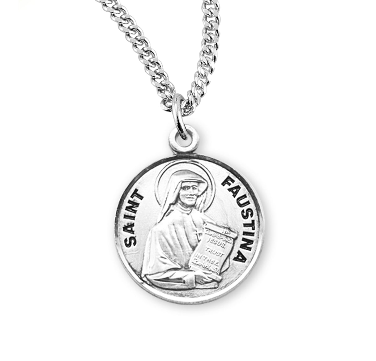 Patron Saint Maria Faustina Round Sterling Silver Medal Pendant with Chain | .925 Silver