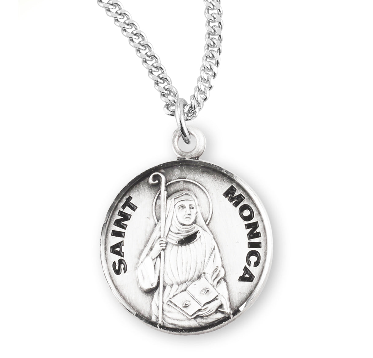 Patron Saint Monica Round Sterling Silver Medal Pendant with Chain | .925 Silver