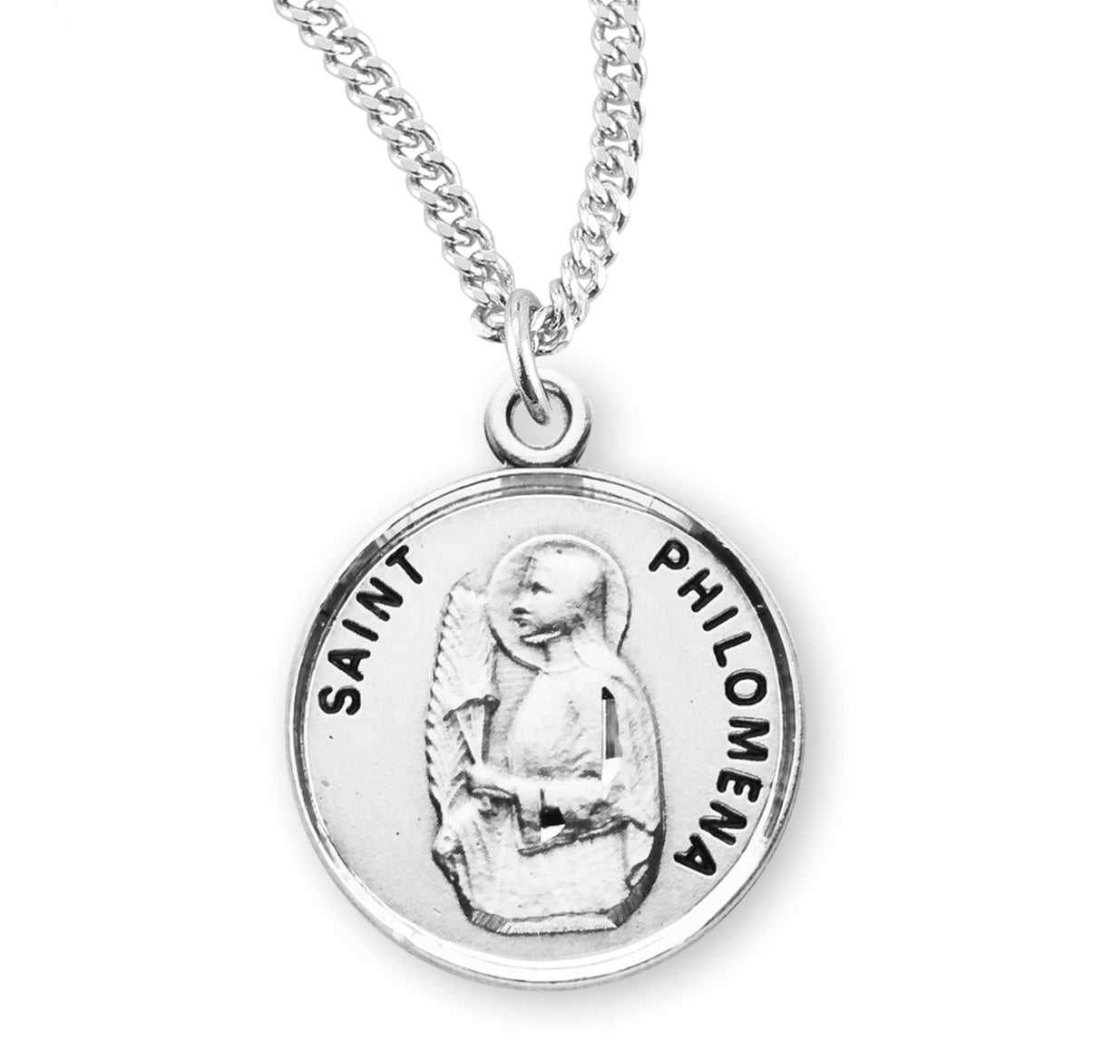 Patron Saint Philomena Round Sterling Silver Medal Pendant with Chain | .925 Silver