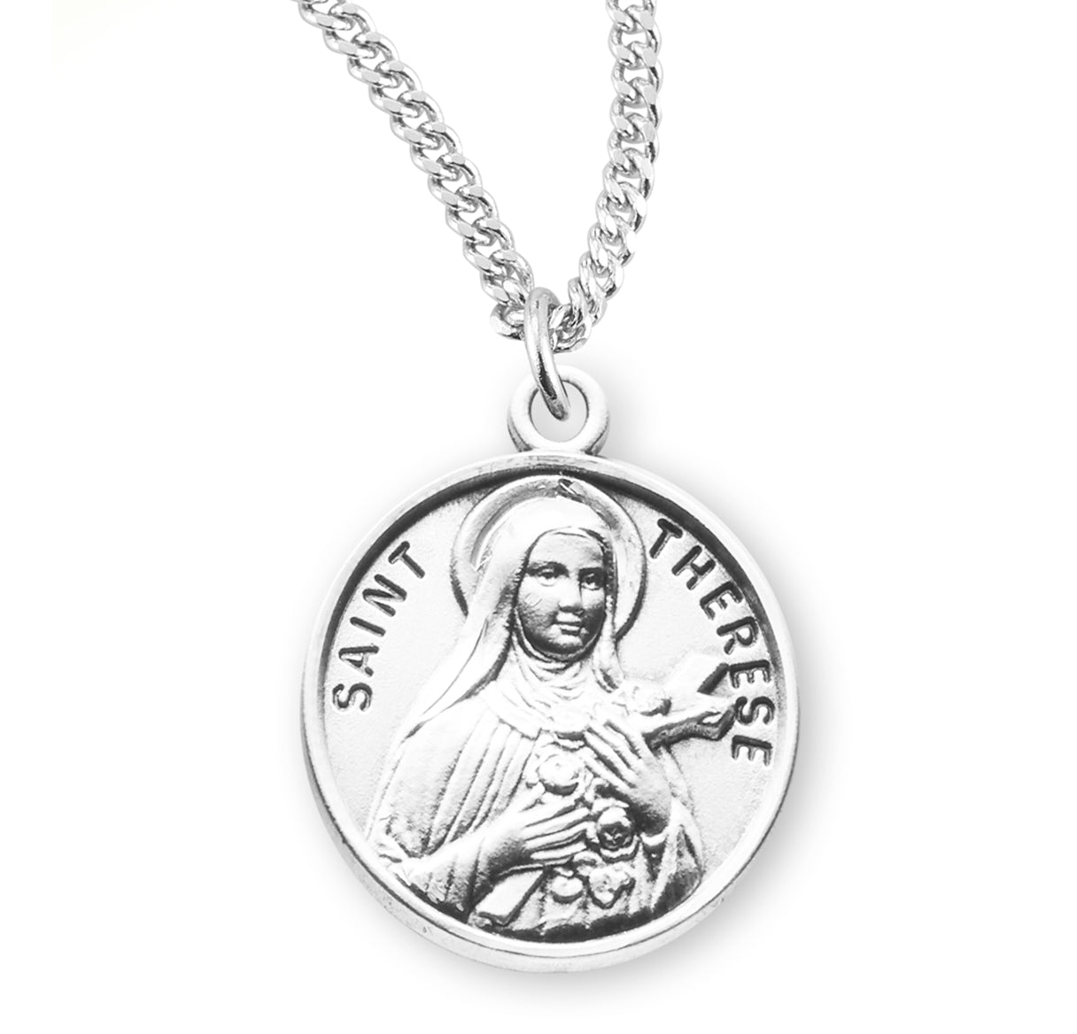 Patron Saint Therese Round Sterling Silver Medal Pendant with Chain | .925 Silver