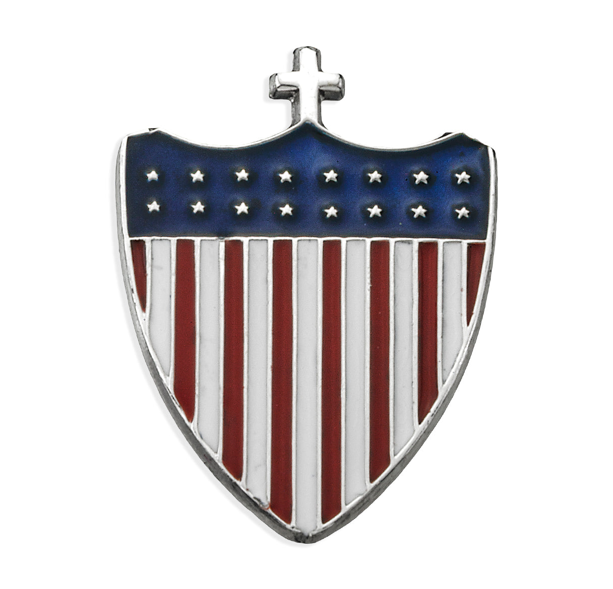 Sterling Silver American Shield with Cross Protector Pin Necklace | .925 Silver
