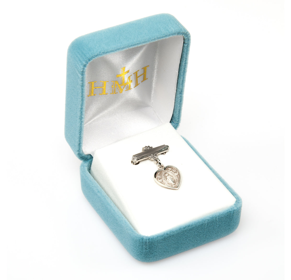 Sterling Silver Heart Shape Baby Miraculous Medal on a Bar Pin Necklace | .925 Silver
