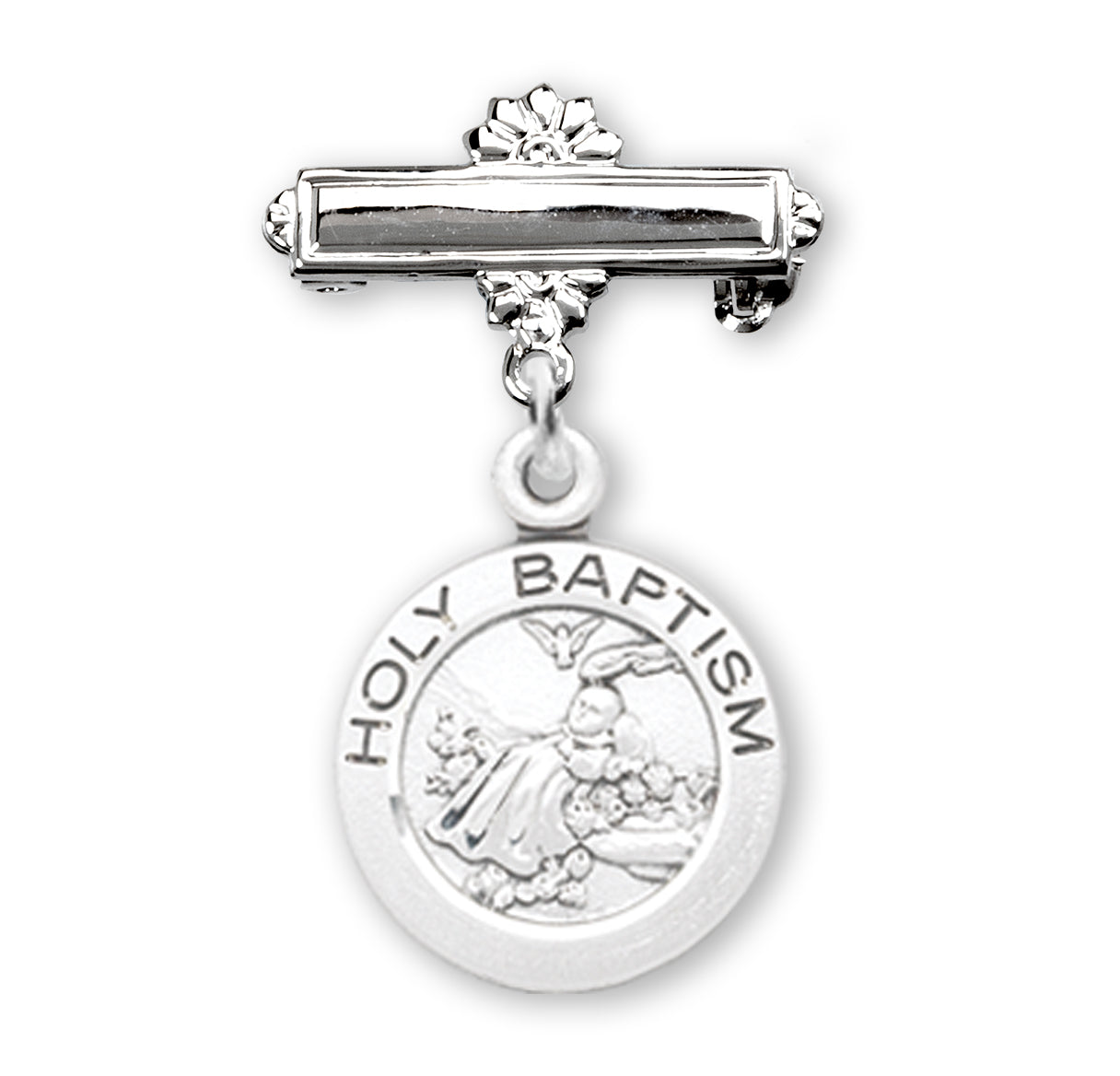 Sterling Silver Baby Holy Baptism Round Medal on a Bar Pin Necklace | .925 Silver