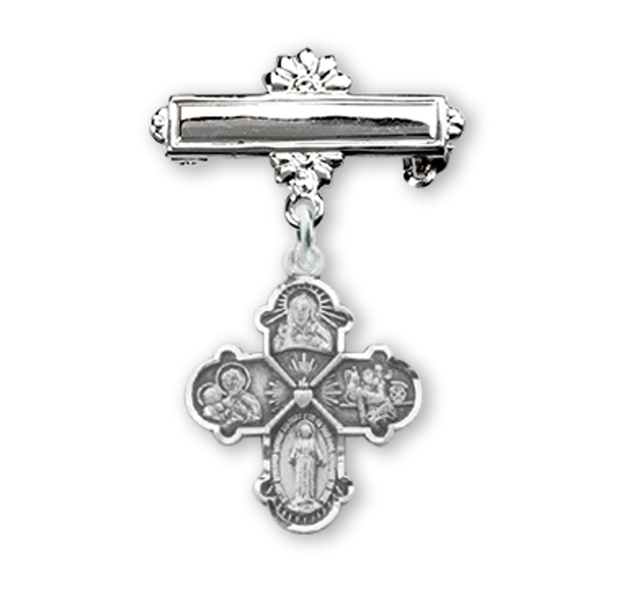 Sterling Silver Baby Four-Way Medal on a Bar Pin Necklace | .925 Silver