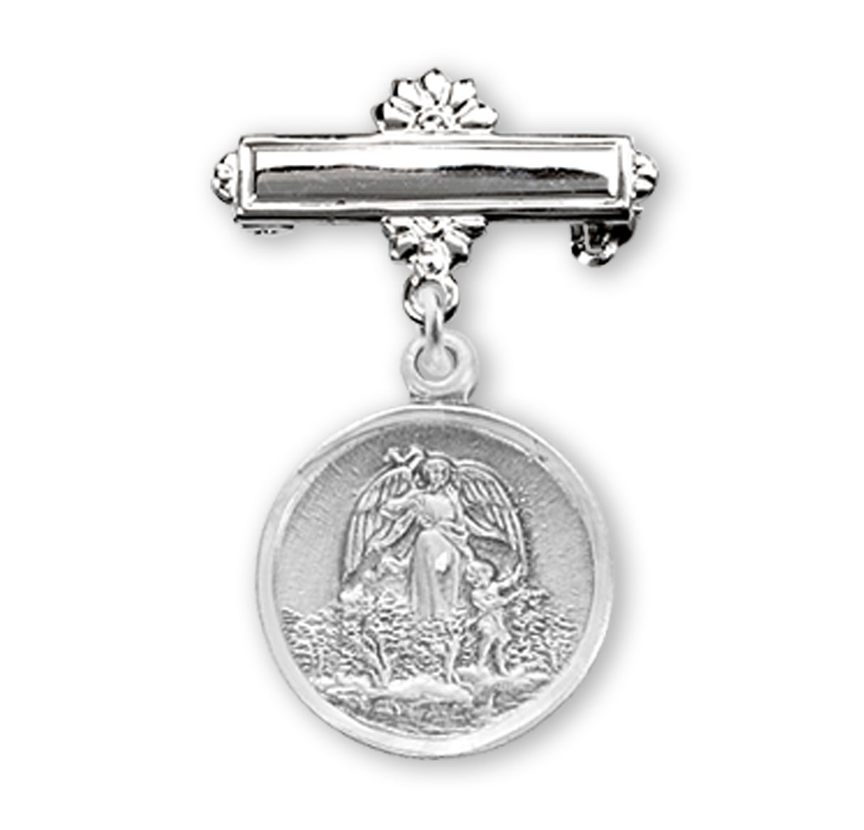 Sterling Silver Baby Guardian Angel Medal on a Bar Pin Necklace | .925 Silver