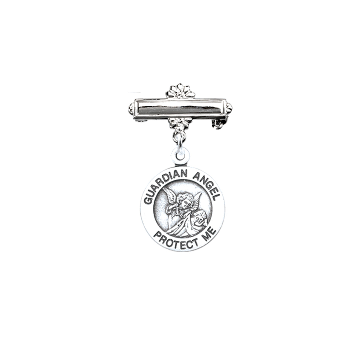 Guardian Angel Round Sterling Silver Medal on a Bar Pin Necklace | .925 Silver