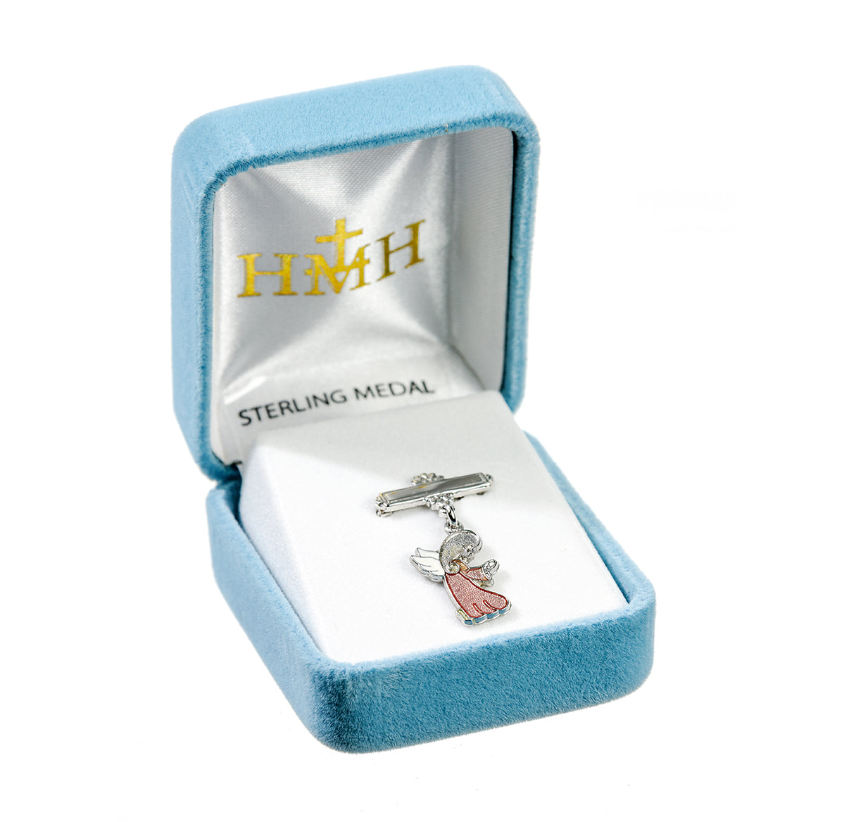Guardian Angel Pink Enameled Sterling Silver Medal on a Bar Pin Necklace | .925 Silver