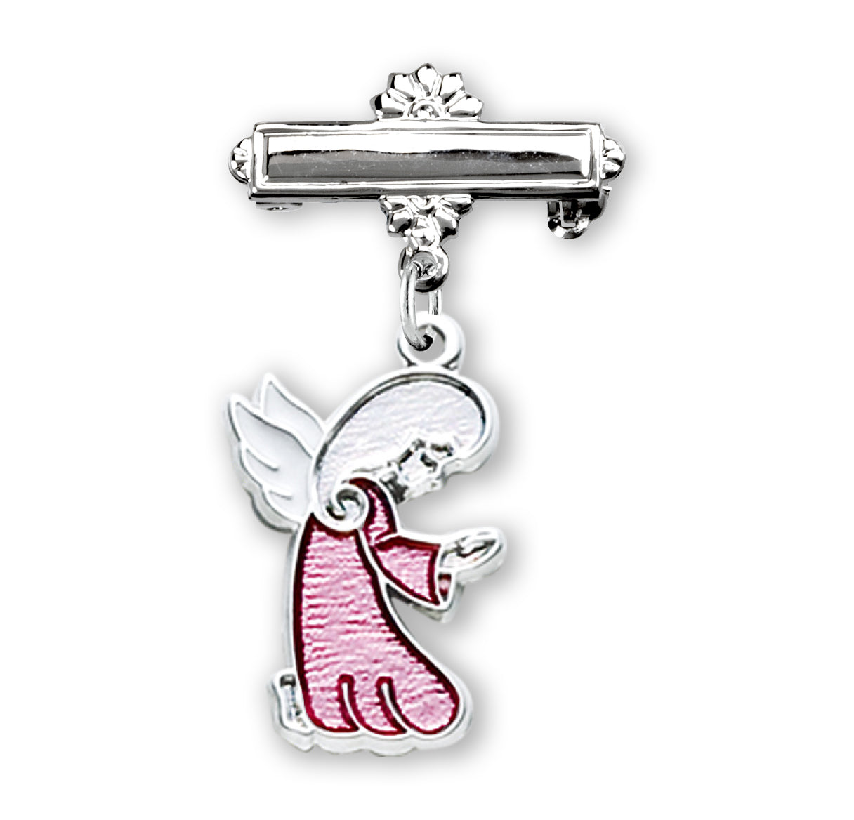 Guardian Angel Pink Enameled Sterling Silver Medal on a Bar Pin Necklace | .925 Silver