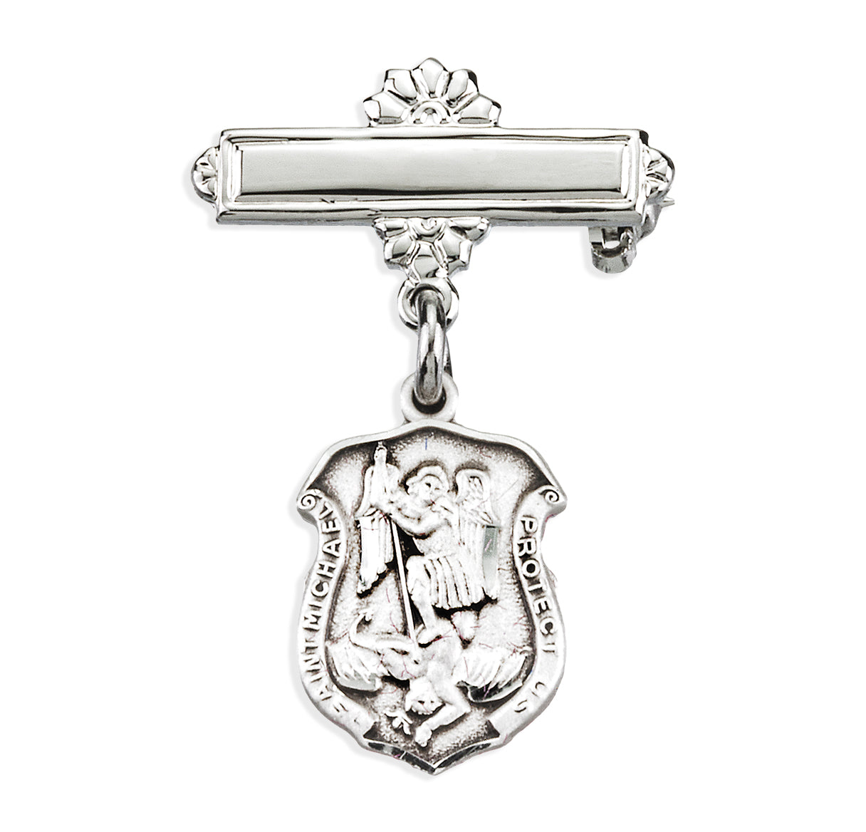 Saint Michael Sterling Silver Badge Medal on a Bar Pin Necklace | .925 Silver