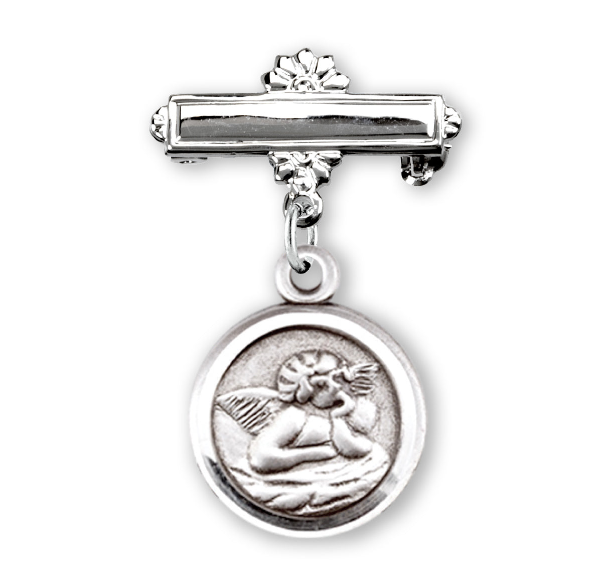 Sterling Silver Guardian Angel Baby Medal on a Bar Pin Necklace | .925 Silver