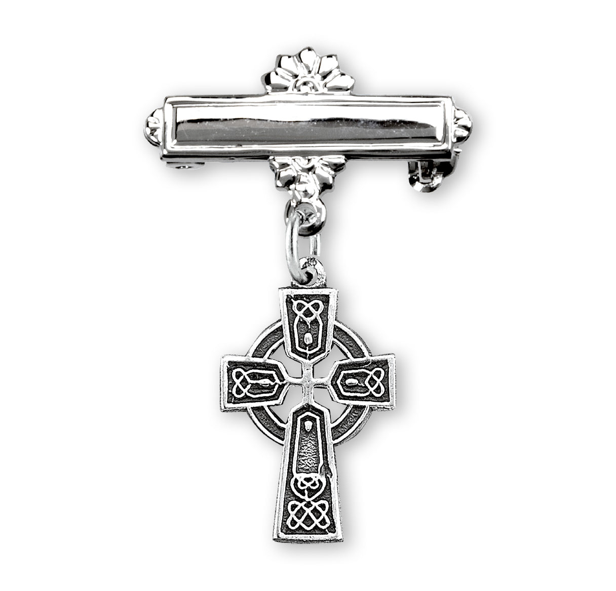 Sterling Silver Baby Irish Celtic cross on a Bar Pin Necklace | .925 Silver