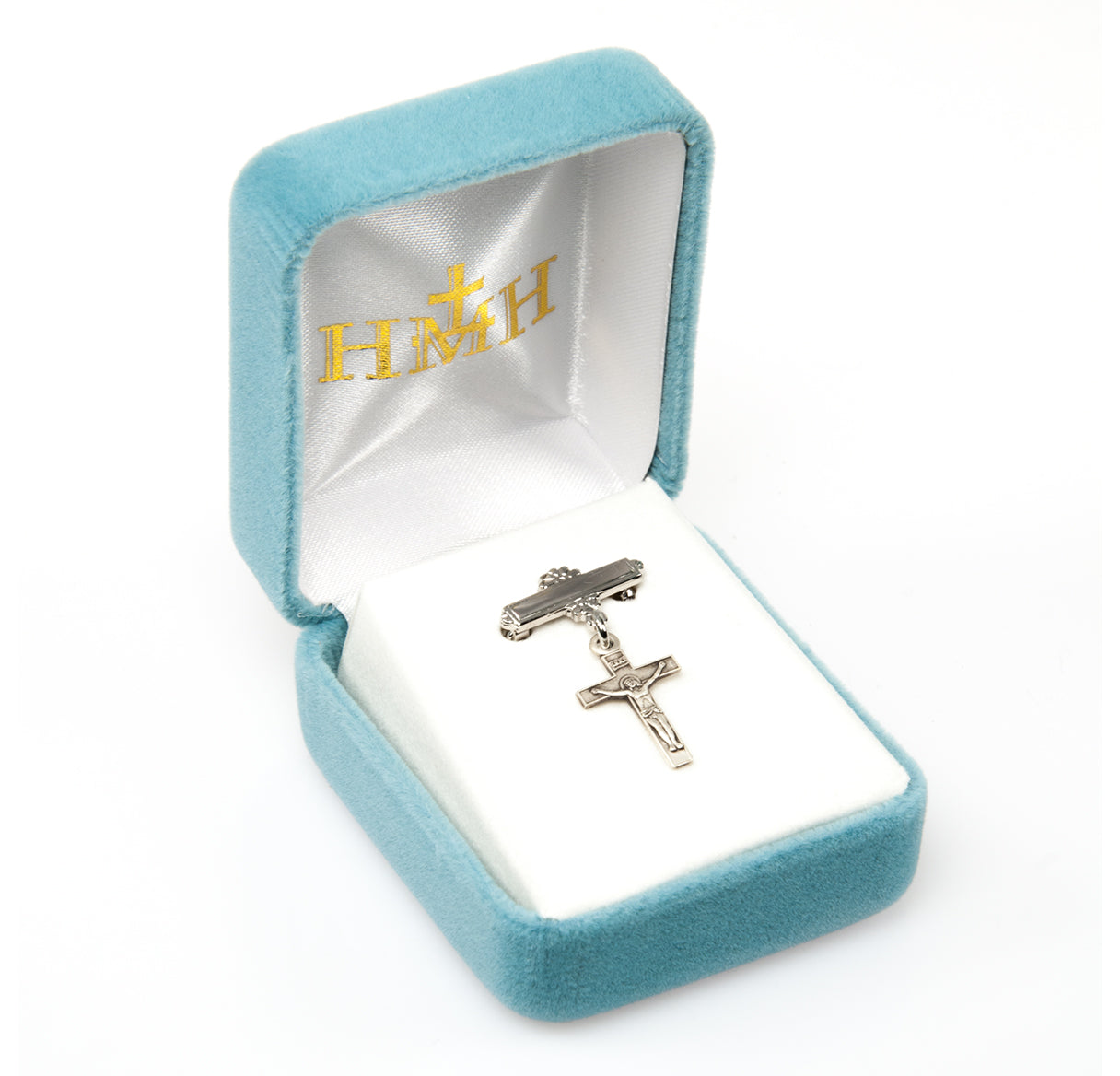 Sterling Silver Baby Crucifix on a Bar Pin Necklace | .925 Silver