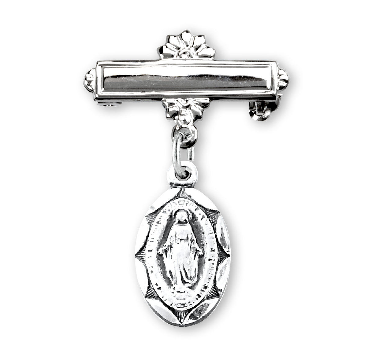 Sterling Silver Oval Miraculous Medal Baby Medal on a Bar Pin Necklace | .925 Silver