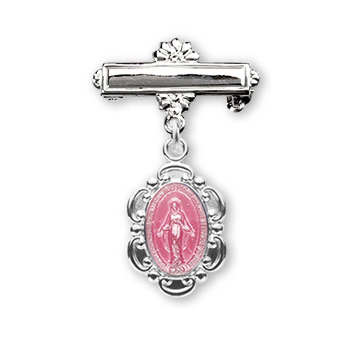 Pink Enameled Sterling Silver Scalloped Edge Miraculous Baby Medal on a Bar Pin Necklace | .925 Silver
