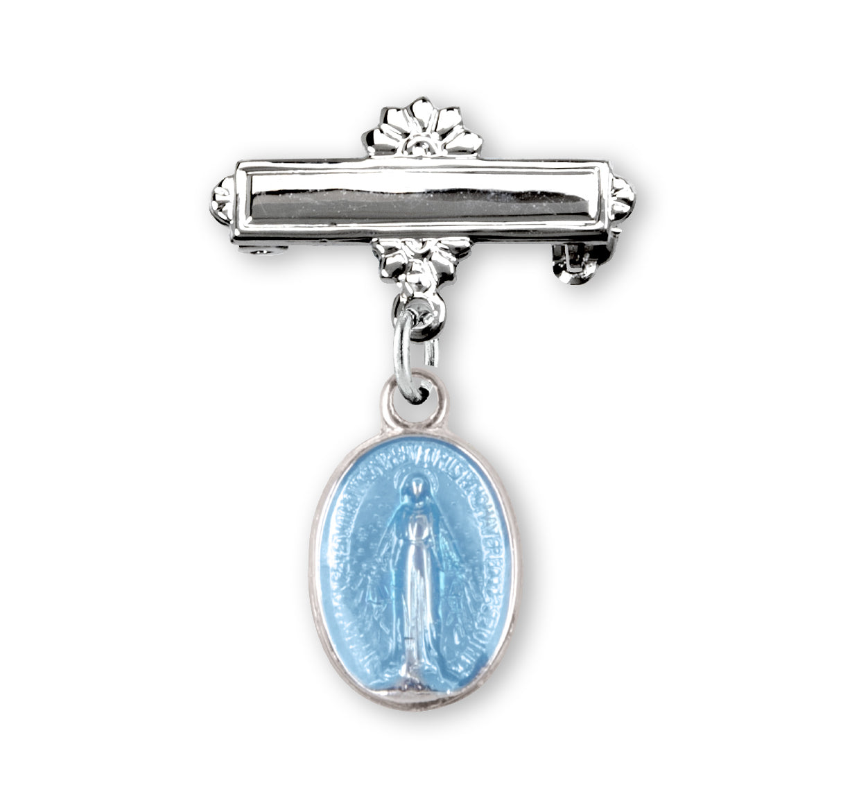 Blue Enameled Oval Sterling Silver Miraculous Baby Medal on a Bar Pin Necklace | .925 Silver