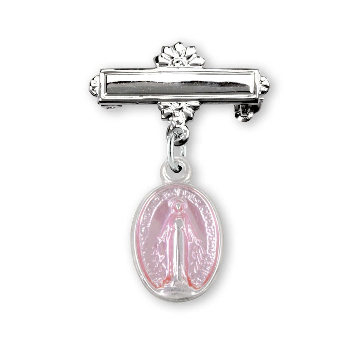 Pink Enameled Oval Sterling Silver Baby Miraculous Baby Medal on a Bar Pin Necklace | .925 Silver