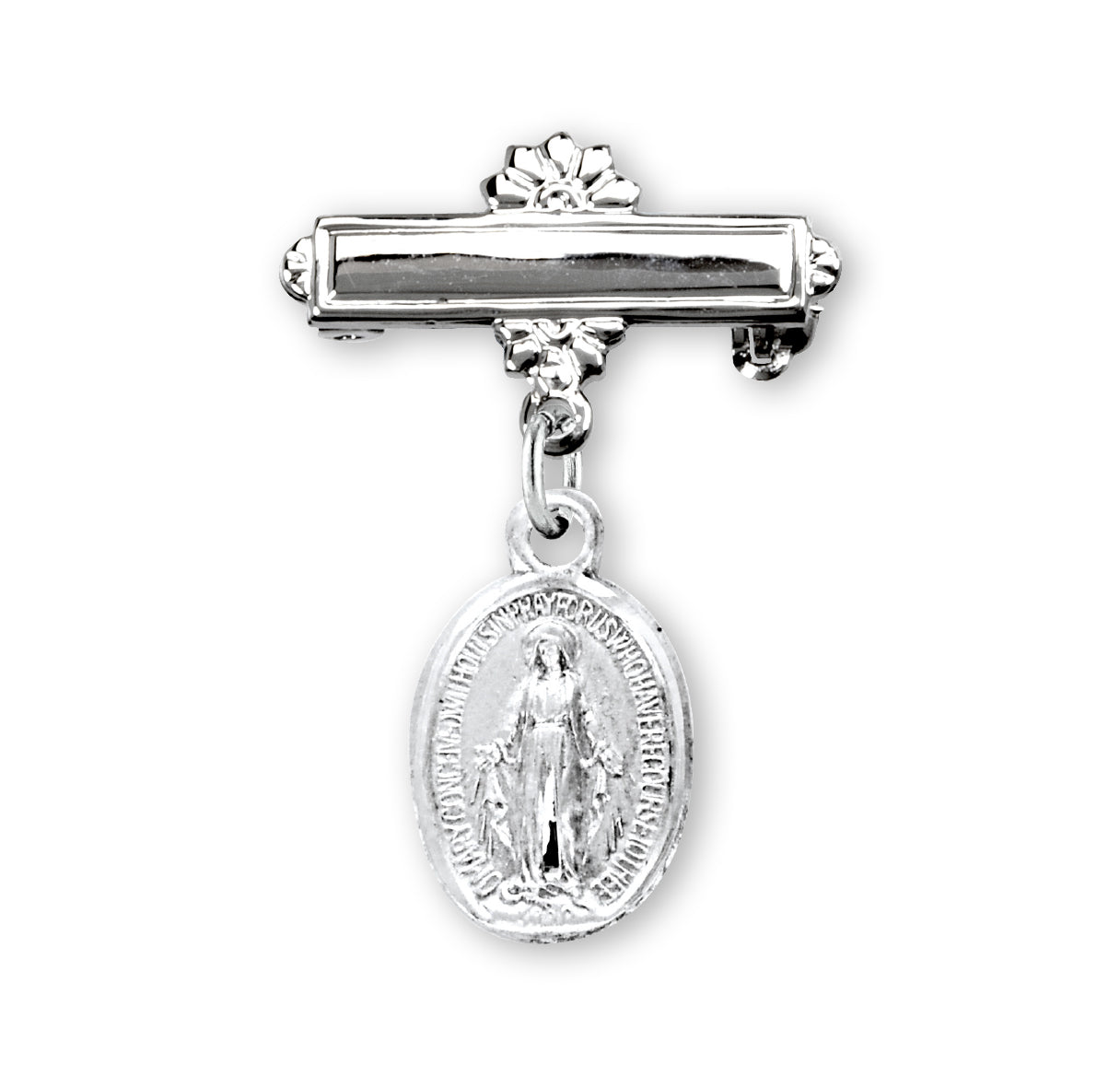 Sterling Silver Oval Baby Miraculous Medal on a Bar Pin Necklace | .925 Silver