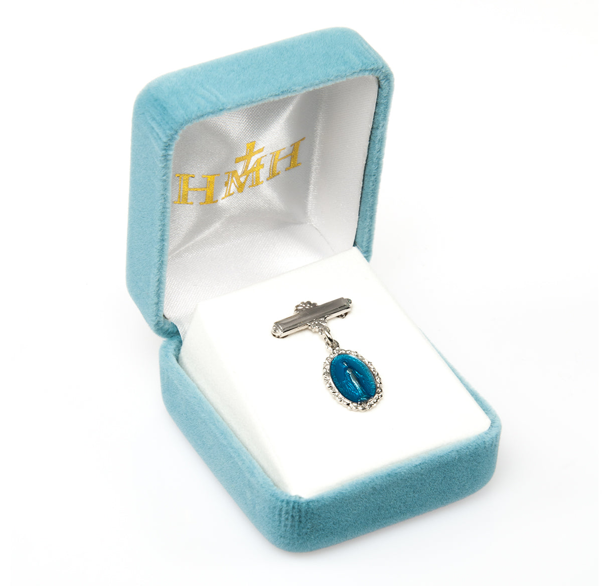 Blue Enameled Oval Fancy Edge Sterling Silver Baby Miraculous Baby Medal on a Bar Pin Necklace | .925 Silver