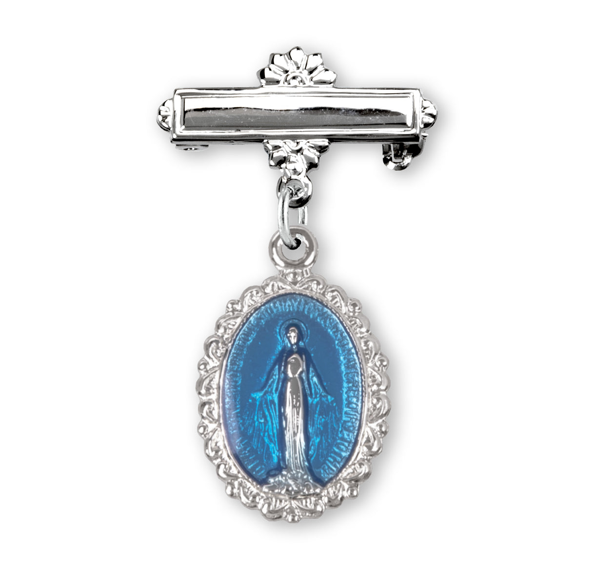Blue Enameled Oval Fancy Edge Sterling Silver Baby Miraculous Baby Medal on a Bar Pin Necklace | .925 Silver
