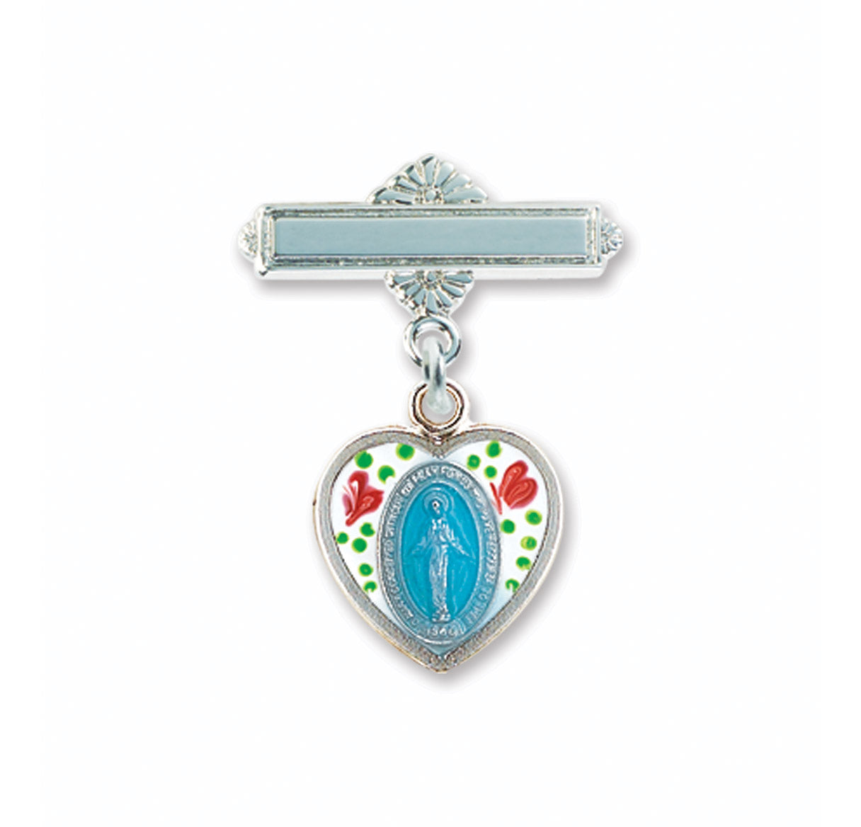 Enameled Oval Fancy Edge Sterling Silver Baby Miraculous Baby Medal on a Bar Pin Necklace | .925 Silver