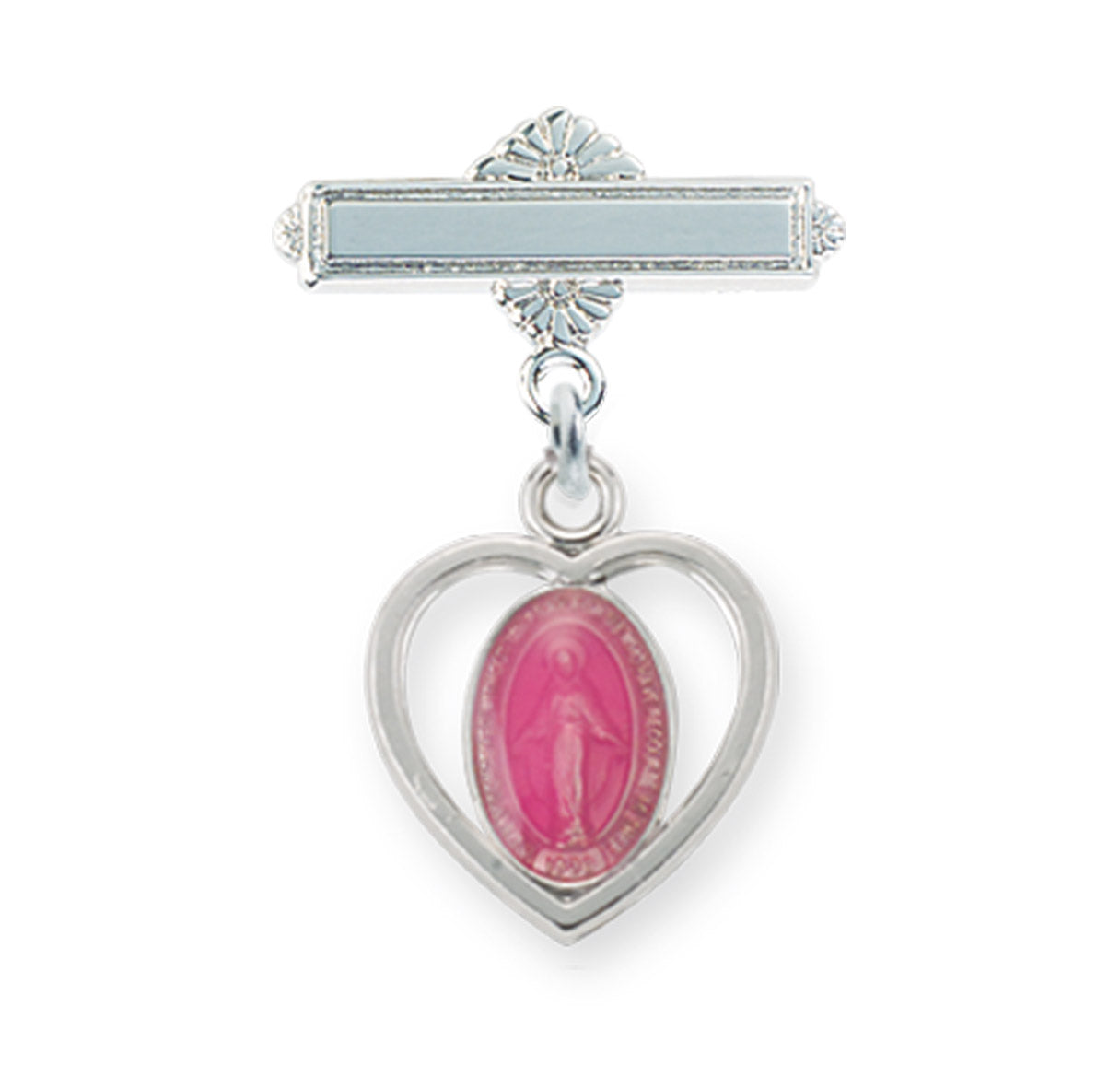 Sterling Silver Pierced Heart Baby Miraculous Medal Pink on a Bar Pin Necklace | .925 Silver