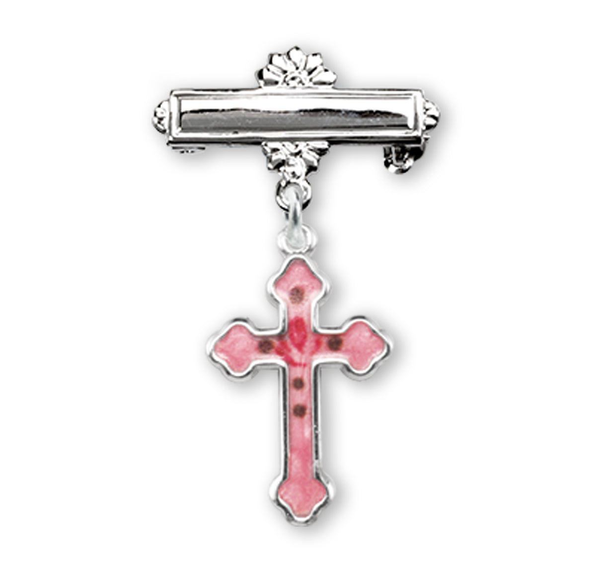 Sterling Silver Rosebud Pink Enameled Baby Cross Pin Necklace | .925 Silver