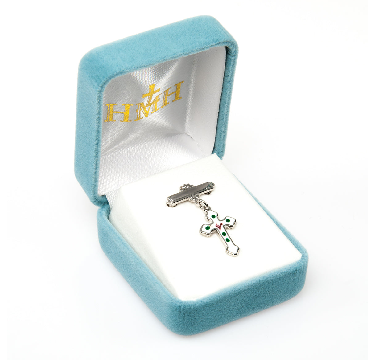 Sterling Silver Rosebud White Enameled Baby Cross Pin Necklace | .925 Silver